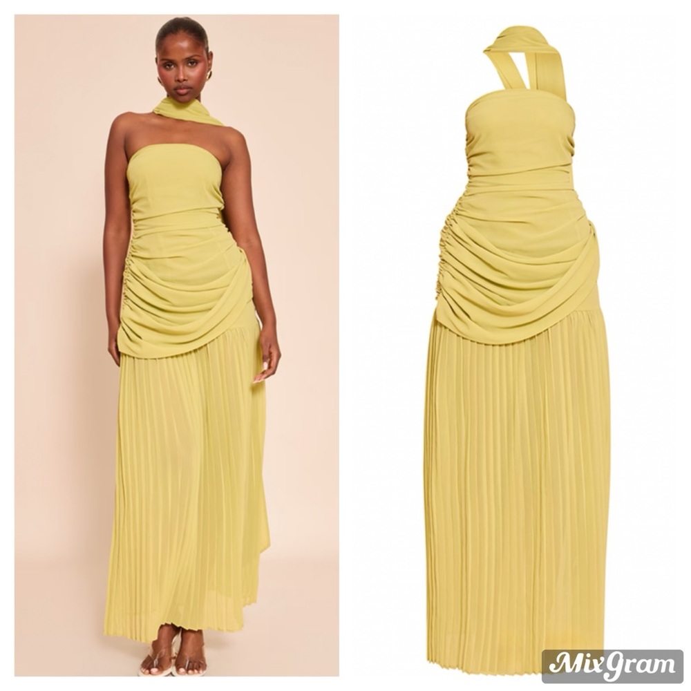 PLT LIME CHIFFON SCARF DETAIL BANDEAU RUCHED MAXI DRESS